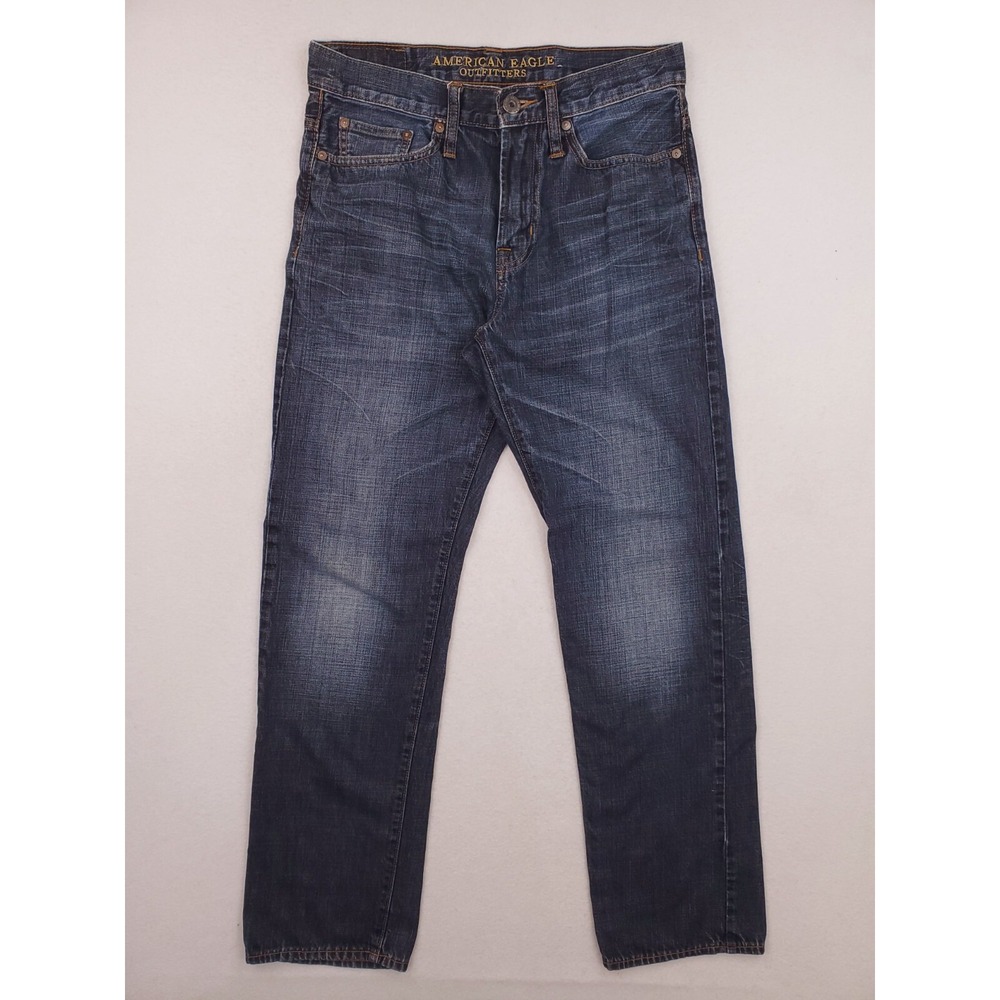 American Eagle Jeans Mens 29x32 Relaxed Straight Whiskered Y2K Low Rise Dark